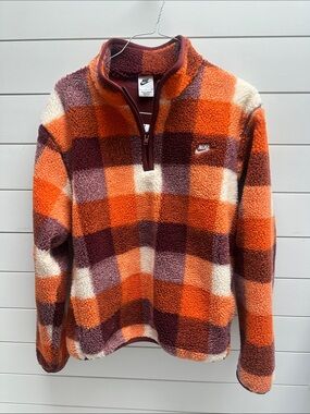 Nike Men’s Orange and Maroon Plaid Sherpa Quarter-Zip Pullover